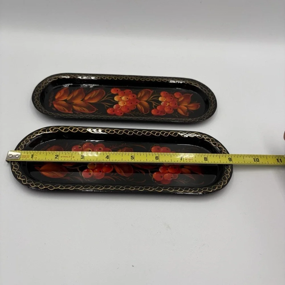 Two (2) Zhostovo Hand painted Russian Metal Decorative Trinket Tray Red Berries